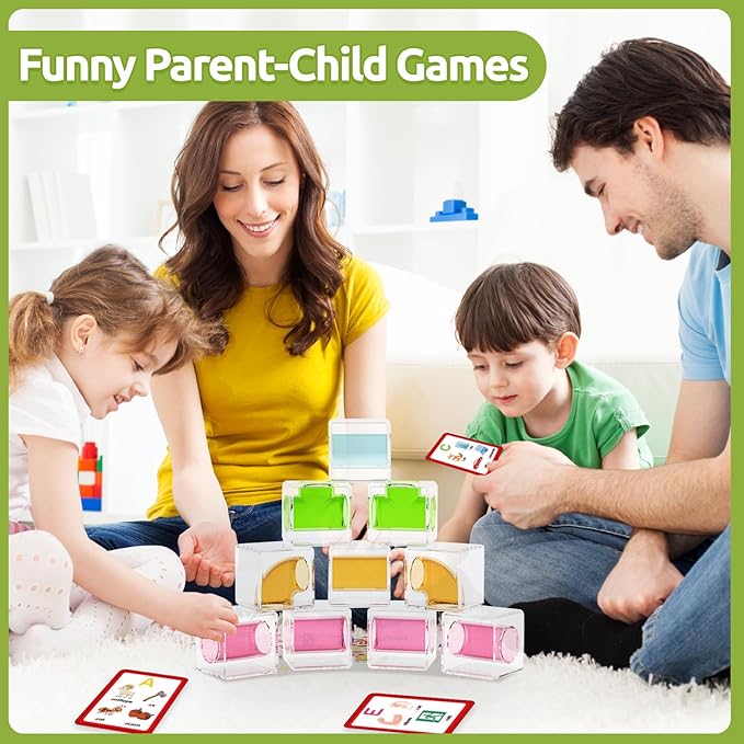 36 PCS Stacking Blocks โ 1.6 Inch Transparent Building Cubes with Learning Cards, Pipe Tube for Marble Run, STEM Educational Toy for Kids 3+, Sensory Gift for Boys & Girls