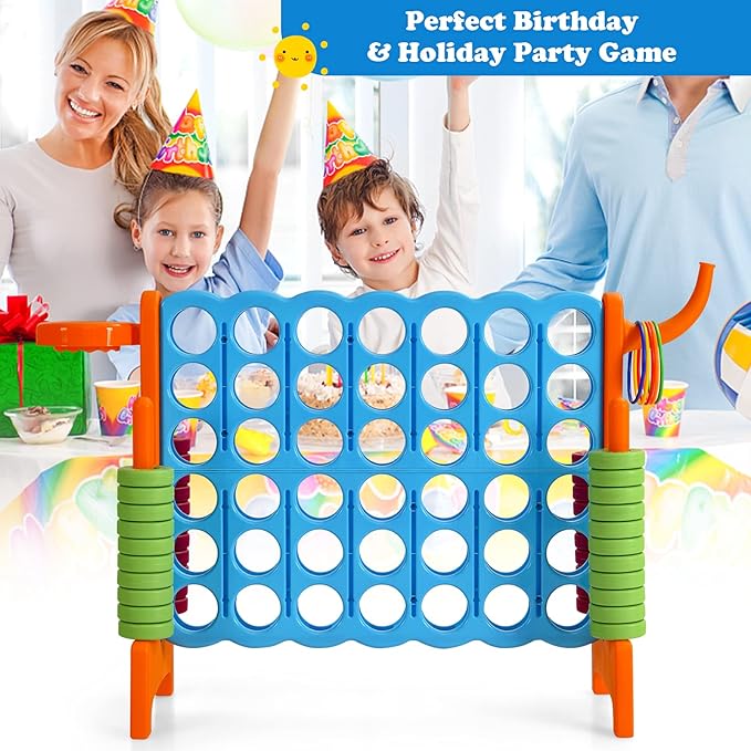 Costzon Giant 4-in-A-Row, Jumbo 4-to-Score Giant Game w/Basketball Hoop, Ring Toss, Quick-Release Slider, 42 Jumbo Rings, Indoor Outdoor Family Connect Game for Kids & Adults, Backyard Games, Orange
