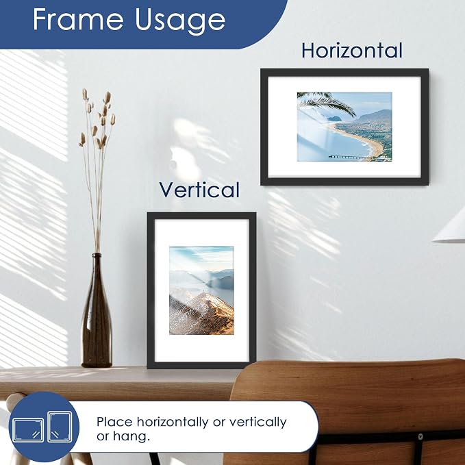 8x12 Picture Frame Set of 6, Wall or Tabletop Display, Black | Display 6x8 with Mat or 8x12 Without Mat, Horizontal or Vertical, Gallery Wall Frame Set for Wedding & Room & Home Decor