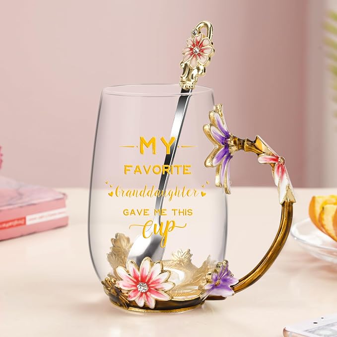 OEAGO Grandma Gifts from Granddaughter Tea Cup Birthday Grandparent Gifts Mothers Day Enamel Flower Glass Mugs from Grandkids Grandchildren