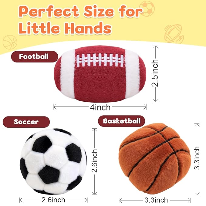 Baby Ball Toys 0-6 Months, Newborn Plush Rattle 3pcs Football Basketball Soccer Sports Set-Sensory Toys with Rattles for 0 3 6 9 12 Months Infant Boys Girls Birthday or Shower Gifts