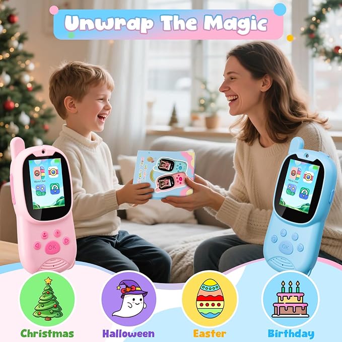 Video Walkie Talkies for Kids, Facetime Walkie Talkies Toys for Age 3-12 Boys Girls, HD Camera & Voice Changer 1000FT Long Range Recharge Kids Valentines Easter Gifts Indoor Outdoor Camp (Blue+Pink)