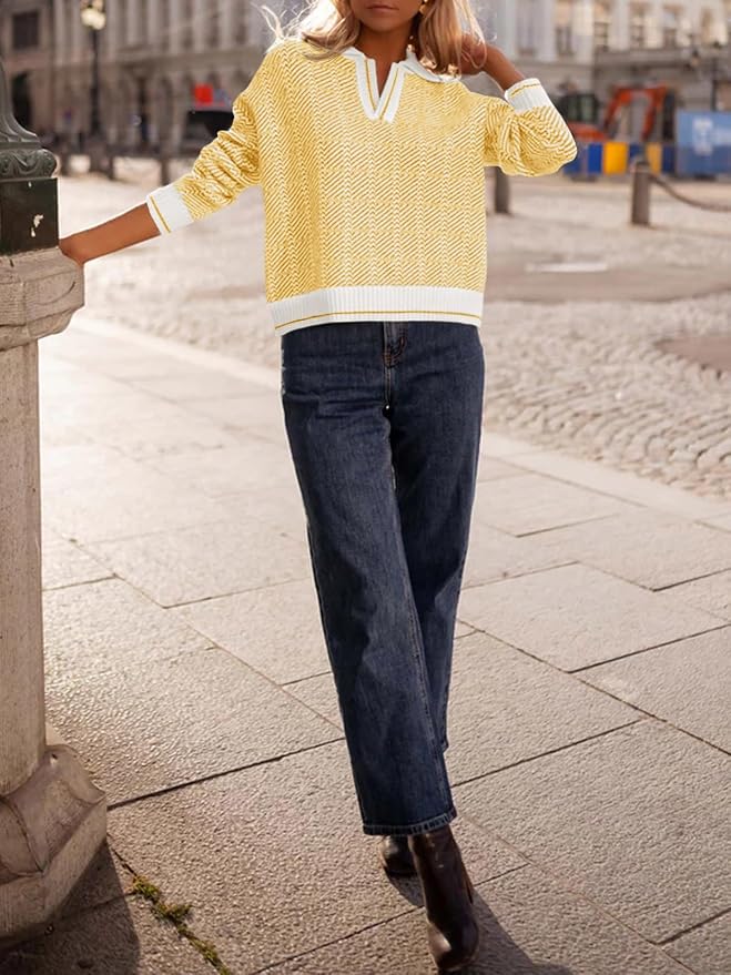 Saodimallsu Womens Fall Sweaters Tops Lapel V Neck Knit Color Block Shirt | Winter,Long Sleeve,Casual,Soft,Pullover,Cozy,Ribbed,Ladies,Chunky,Warm Sweaters,Checkered,Tunic,Work