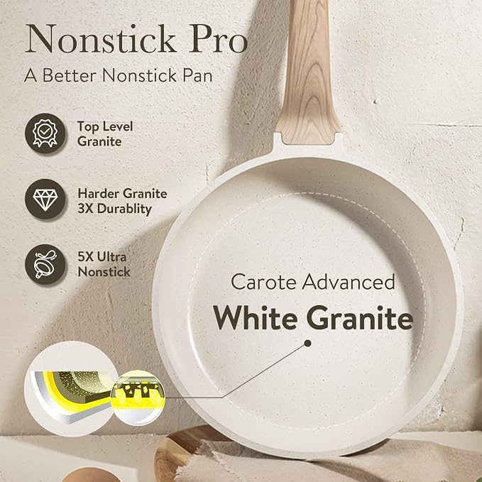 CAROTE 8 Inch Non Stick Frying Pan, Cream White Granite Skillet | Kitchen Healthy Non Toxic Stone Cookware, Induction Compatible, Dishwasher & Oven Safe, PFOA Free
