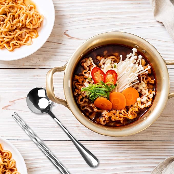 AHIER Korean Ramen Cooking Pot Set Noodle Pot with Lid, 6.3in | Spoon and Chopsticks (1pair), Double Handle, Fast Heating Stovetop for Kitchen Cookware Dorm and Camping