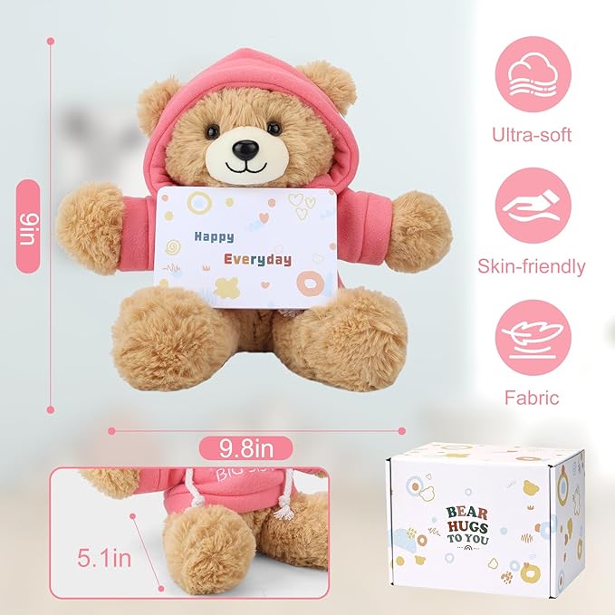 “I’m The Big Sister” Teddy Bear Stuffed Animal with Gift Box Removable Pink Hoodie Bracelet, Big Sister Gifts for Girls Who Promoted to Big Sister with Beautiful Greeting Card
