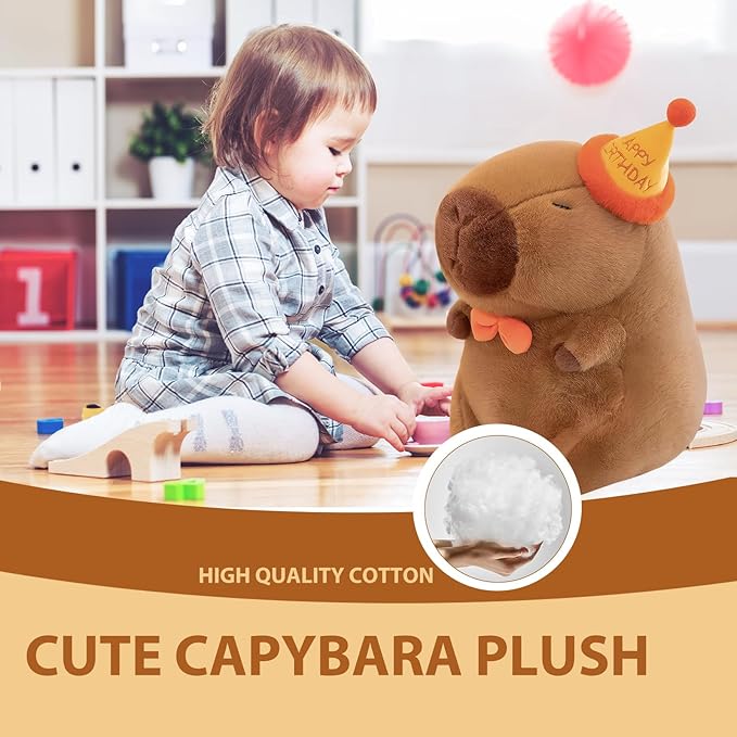 Capybara Plush - 11.8Inch Cute Capybara Stuffed Animal Toy with Birthday Cap- Adorable Soft Capibara Pillow Toy Plushies - Perfect Capybara Gifts for Adults and Kids