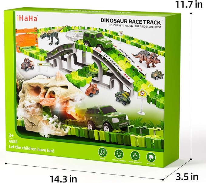 iHaHa 249 PCS Dinosaur Toys Race Car Track, Toys for Kids Toddler Boys Ages 2-4 3-5 4-6, Kids Race Tracks with Light, Sound & Spray, Birthday Dinosaur Gifts for 2 3 4 5 Year Old Boys