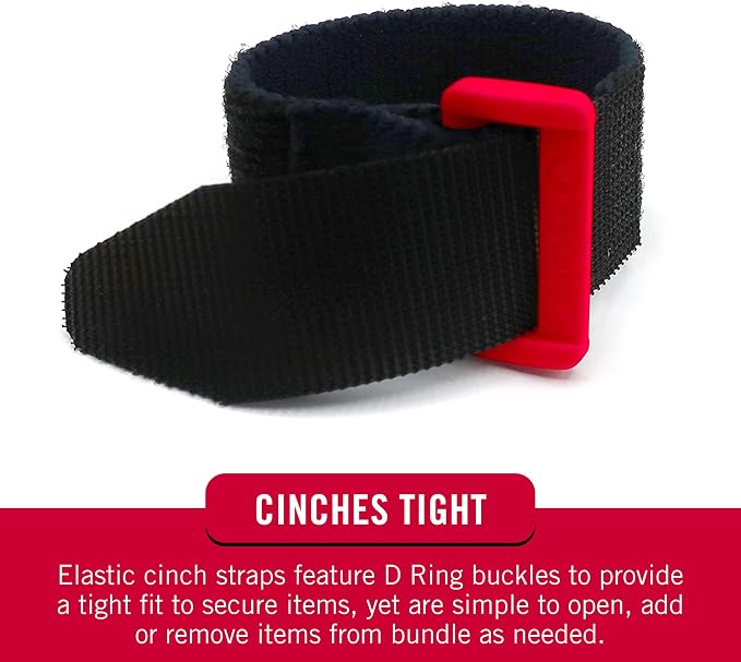 VELCRO Brand VEL-30791-AMS Elastic Cinch Straps with Buckle | 8in x 1in, Pk of 4 | Fully Adjustable and Stretch for Snug Fit | for Fastening Power Cords, Ropes, Organizing Cables, More | Black