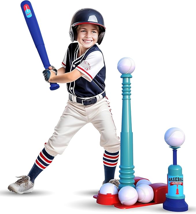 TOMLEON T Ball Stand for Kids and Toddlers 1-3, 3-5, 5-8. Baseball Set With 6 Large Balls, Adjustable Tball Batting Tee, and Pitching Machine. T-Ball Sets With Bat and Ball