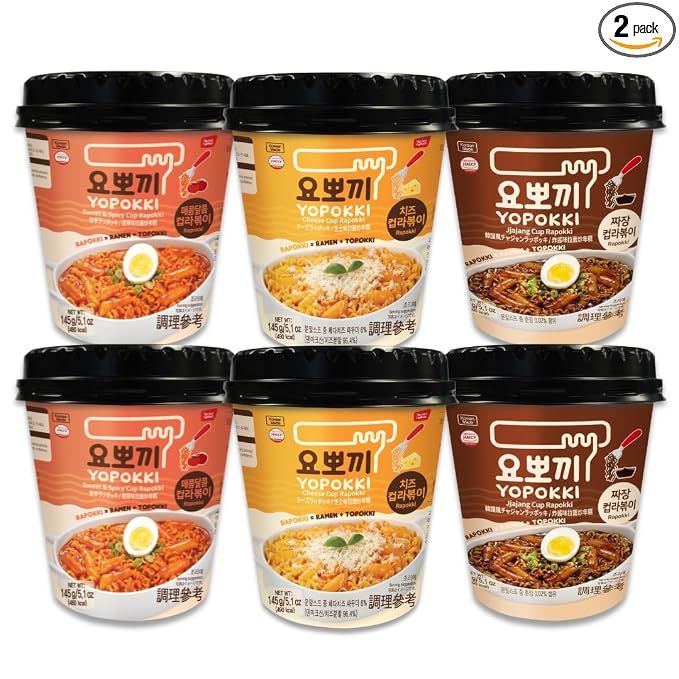 Yopokki Instant Rabokki Cup – Korean Tteokbokki Rice Cakes with Ramen Noodles, Quick & Easy Korean Street Food, Asian Snacks for College Dorms (6 count, 6 Cup Combo)