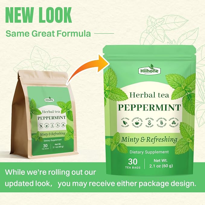 Hiihone Peppermint Tea Bags 30 Count – Pure Peppermint Mint Tea, Caffeine-Free Herbal Tea, Cooling & Refreshing, Non-GMO, Soothing, Supports Digestion & Fresh Breath, Hot or Iced