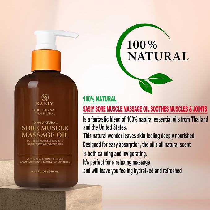 Thai Herbal Massage Oil 100% Natural Non Greasy Fast Absorbing No Fragrance Soothes Sore Muscles with Plai Peppermint & Eucalyptus 8.00 fl oz / 236 ml