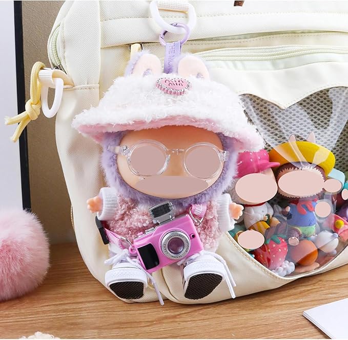 5 Set 17cm Doll Clothes- Clothes for Dolls Outfit - Accessories for Labubu +Light Pink Heart-Shaped Velvet hat + Small Camera + Glasses + Canvas Shoes, No Doll Included (Pink Camera)