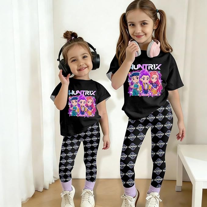 K Pop Short Sleeve T-Shirt and Pants Outfits Set for Girls Hunters Rumi Mira Zoey Graphic Tees De-Mon Kids