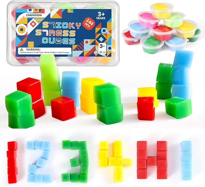 144PCS Sticky Stacking Cubes for Kids - Mini Squishy Cubes Sensory Toys for Toddler, Non Toxic Preschool Jelly Blocks for Building, Stretch, Squishy, Travel Essentials Toys for 3 4 5 6 Years Old