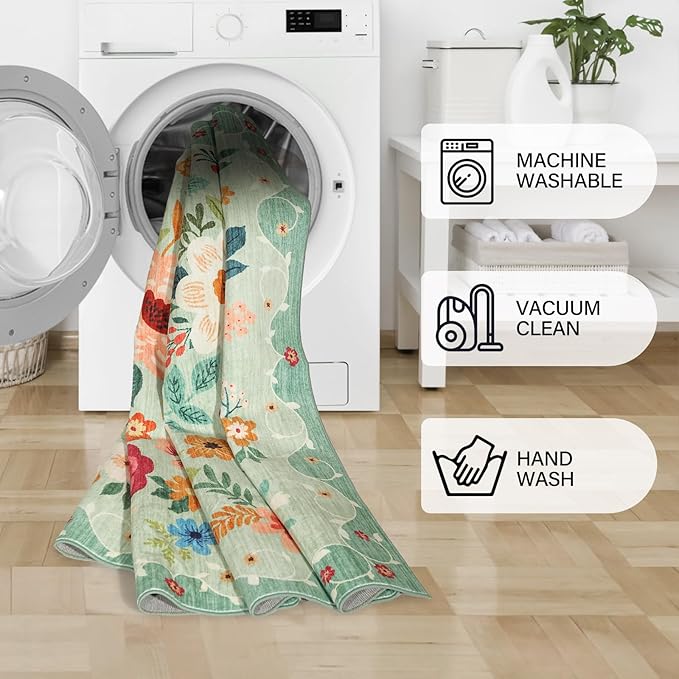 DUKINO 3x8 Kitchen Runner Rug, Washable Rug for Hallway Non Slip, Green | Soft, Low Pile, Floral Indoor Carpet Runner for Hallway, Entryway, Bedroom, Bathroom, Laundry, Pet Friendly, Home Decor