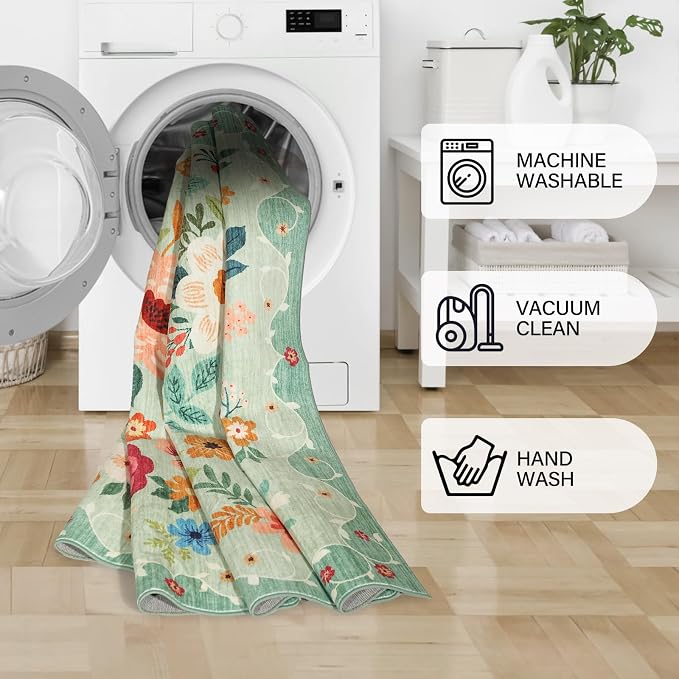 DUKINO 2x10 Runner Rug, Floral Washable Kitchen Runner Rug Non Slip, Green | Soft, Low Pile, Stain Resistant Indoor Rug Runner for Hallway, Entryway, Bedroom, Bathroom, Laundry, Pet Friendly, Home Decor
