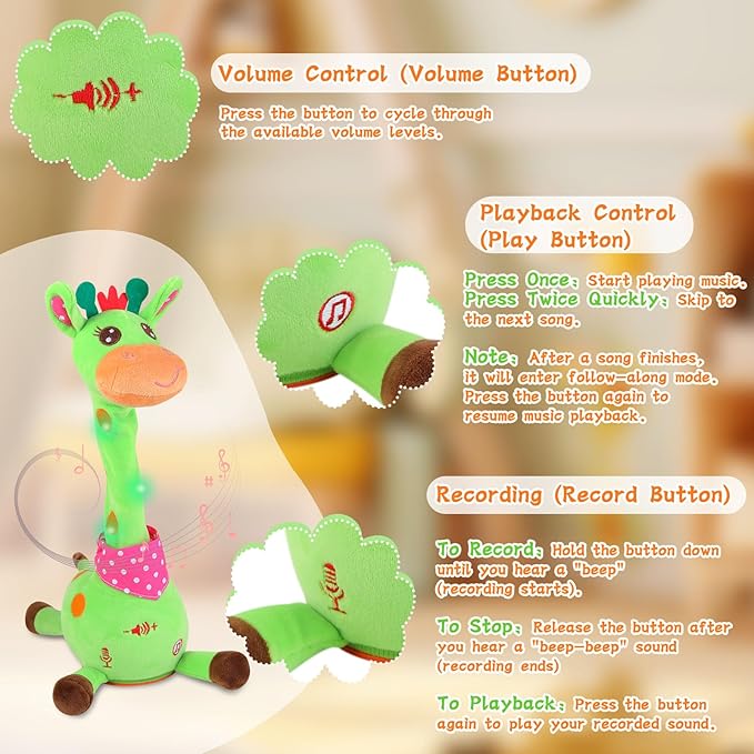 LUKETURE Dancing Talking Singing Green Giraffe Toy Stuffed Plush, Interactive Stuffed Animal Toy, Musical Giraffe Plush with Record & Repeat, Sings 10 Songs, LED Lights