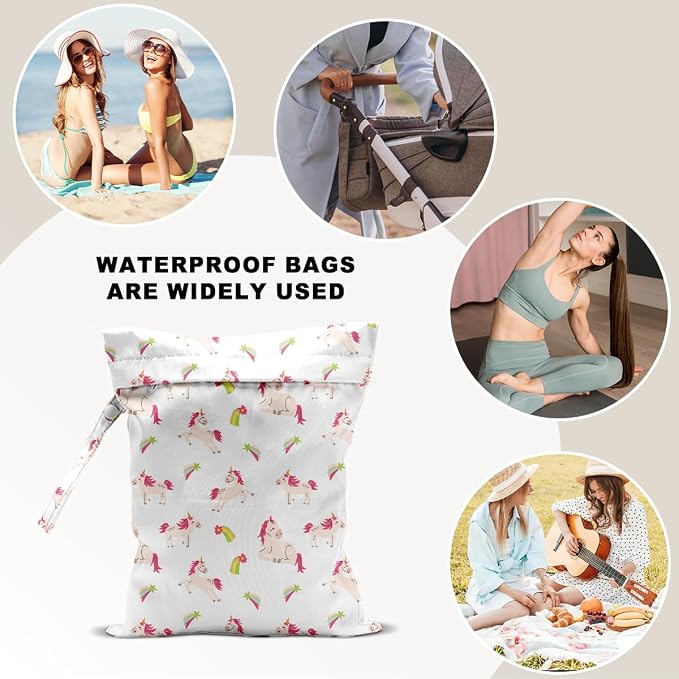 Unicorn Wet Dry Bag 12x10 Inch, Waterproof Reusable Wet Bag with Two Zippered Pockets & Handle for Swimsuit Travel Beach Pool Gym Stroller Dirty Yoga Gym Clothes Toiletries Daycare Organizer
