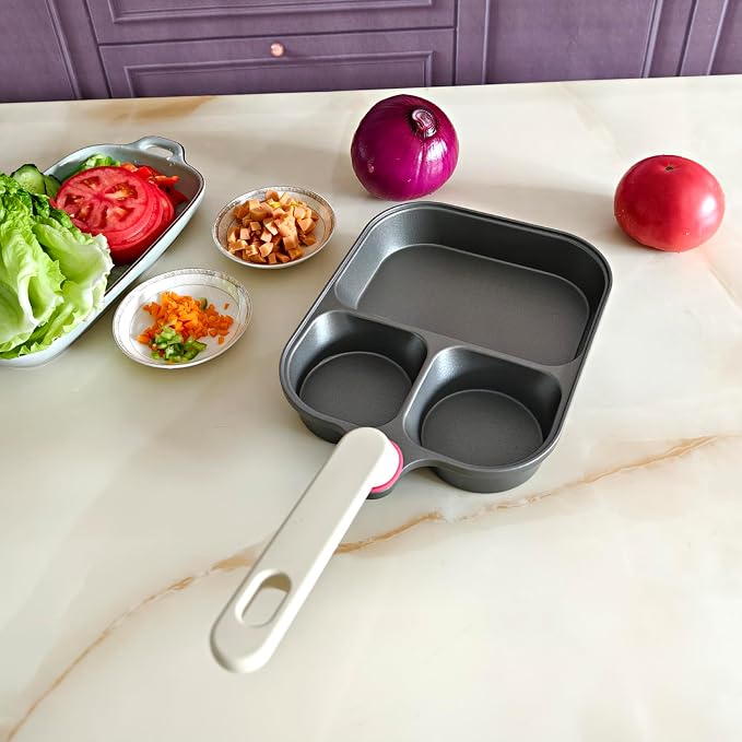 9.25" Titanium Nonstick Divided Egg Pan, 3-In-1 Breakfast Skillet with 2 Round & 1 Square Compartments, Induction & Gas Compatible, PFOA/PTFE Free, Cook Eggs, Pancakes & Bacon Simultaneously