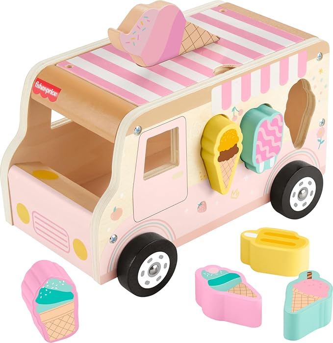 Fisher-Price Toddler Shape Sorting Playset Wooden Ice Cream Truck, 8 Wood Pieces for Developmental Play Ages 18+ Months (Amazon Exclusive)