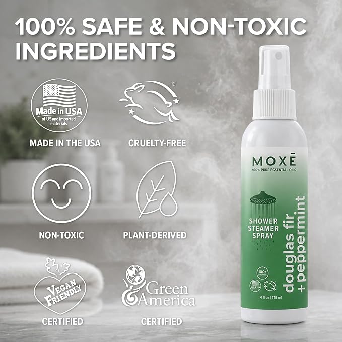 MOXE Aromatherapy Shower Spray - Douglas Fir & Peppermint, 100% Essential Oils, Made in USA, Aromatherapy, Sinus Congestion Relief, Respiratory Support, 4 Oz (1 Pack)