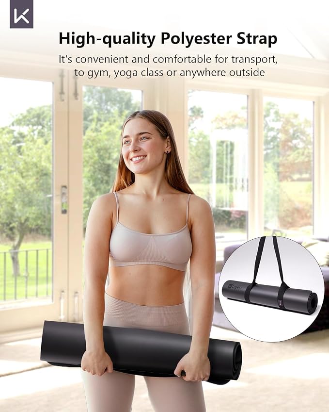 KEEP Rubber Yoga Mat - Professional Sweat Absorbent PU & Natural Rubber. Non Slip Workout Mats for Women & Men, 5mm Thick, 72"x26" Extra Long Wide Pad for Hot Yoga, Pilates, HIIT, Home Gym - Strap Included