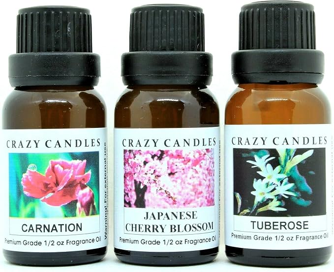 3 Bottles Set, 1 Carnation, 1 Japanese Cherry Blossom, 1 Tuberose 1/2 Fl Oz Each (15ml) Premium Grade Scented Fragrance Oils by Crazy Candles