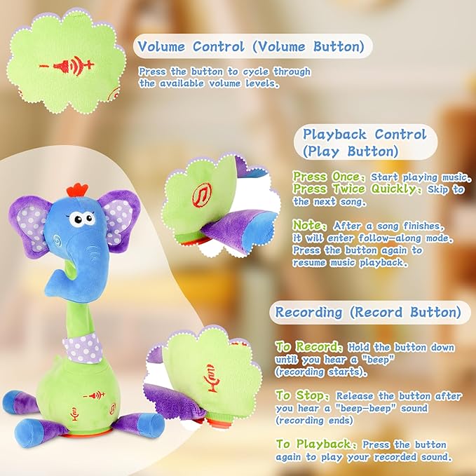 LUKETURE Dancing Talking Elephant Plush, Interactive Stuffed Animal Toy, Musical Plush with Record & Repeat, Sings 10 Songs, LED Lights