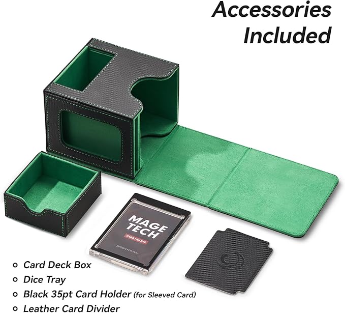 Mage Tech Card Deck Box for MTG Commander - Patented Design, Commander Display, Fits 100 Double-Sleeved Cards, 35pt Card Brick & Dice Tray - Black/Green