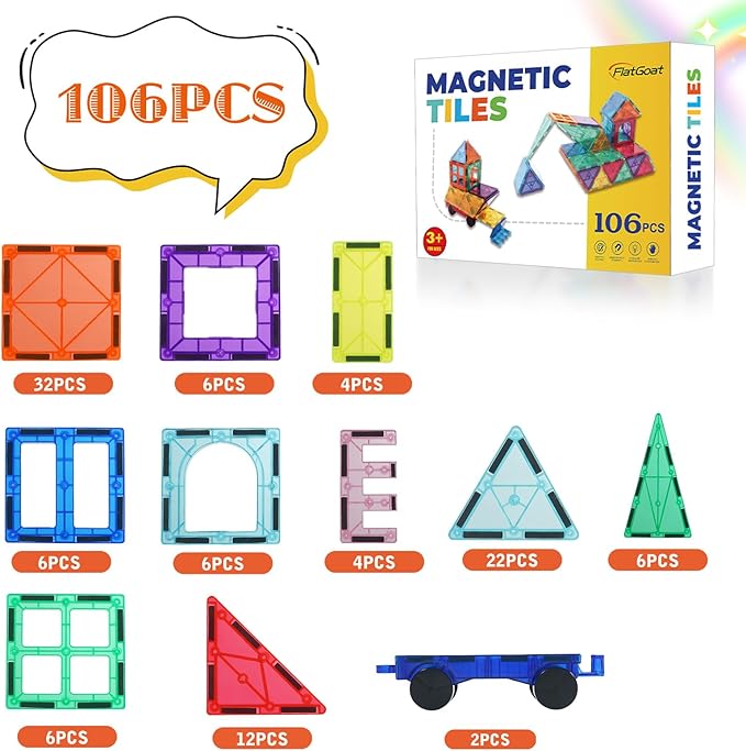 Magnetic Tiles 106 Piece Set, Magnet Building Blocks for Kids Toddlers, STEM Construction Toys with Gift Box for Ages 3 4 5 6 7 8+ Year Old Boys Girls