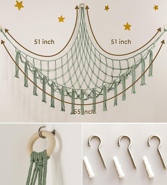 Stuffed Animal Storage Hammock or Net - Large Toy Hammock Net for Stuffed Animals Corner - Hanging Stuff Animal Organizer Holder Ideas for Plush - Baby Nursery Wall Bedroom Room Decor