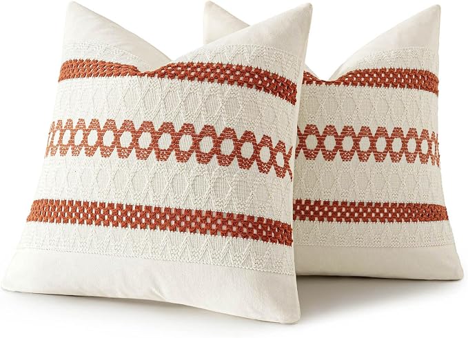 MIULEE Set of 2 Fall Burnt Orange Decorative Pillow Covers 18x18 | Farmhouse Boho Couch Throw Pillows, Modern Cotton Cushion Covers, Macrame Woven Home Decor for Bed Sofa Chair