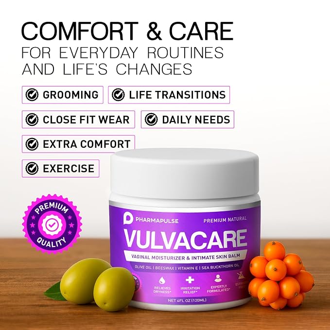 Pharmapulse Organic Vaginal Moisturizer, Vulva Balm Cream, Intimate Skin Care, Menopause Support - Relieves Dryness, Itching, Burning, Redness, Chafing, Odor, Irritation - Estrogen Free 4oz