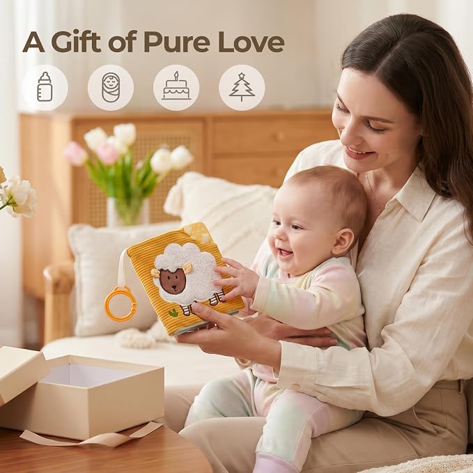let's make Soft Baby Book for 0-12 Months, Crinkle Sensory Cloth Book with Teether, Mirror, Squeaker and C Clip, Farm Story Tummy Time Stroller Toy