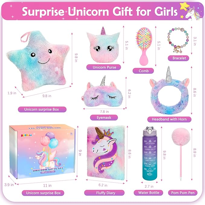 Unicorn Gifts for Girls Age 6 7 8 9 10+ Years Old, Birthday for Girls Surprise Box with Light Up Plush Star Pillow, Diary, Headband, Eye Mask, Water Bottle, Soft Plush Toys for Teens Christmas