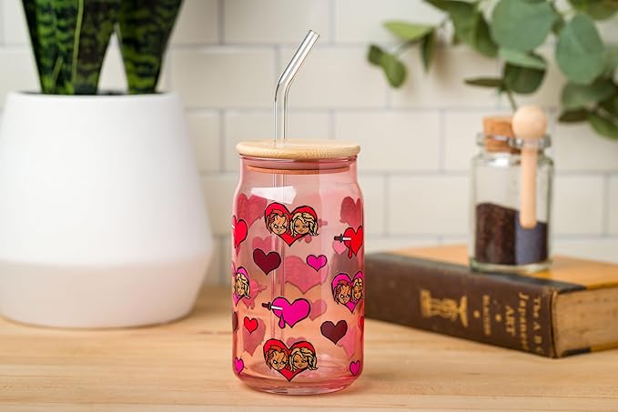 Silver Buffalo Chucky Featuring Tiffany Horror Scary Dolls Bloody Hearts Glass Jar Tumbler with Bamboo Lid and Glass Straw, 16 Ounces