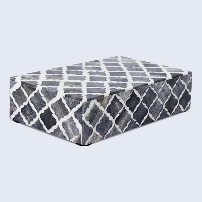 Handicrafts Home Small Decorative Storage Box with Lid, Moroccan Jewelry Keepsake Trinket Box Organizer, Wooden Coffee Table Dresser Storage Box, Gray, 8 x 5 x 2 Inch, Moroccan Collection