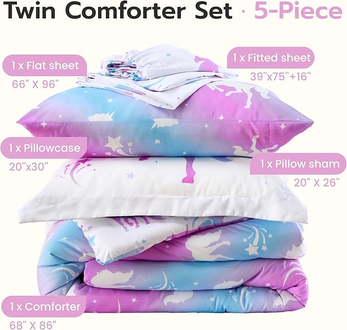 Joiedomi Kid Twin Comforter Set 5 Piece Dream Unicorn Bedding Set for Boys Girls Super Soft Microfiber Bed in a Bag with Comforter Sheets Pillowcase Sham