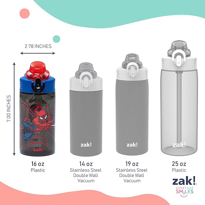 Zak Designs Marvel Sage Kids Water Bottle For School or Travel, 16oz Durable Plastic Water Bottle With Straw, Handle, and Leak-Proof, Pop-Up Spout Cover (Spider-Man)