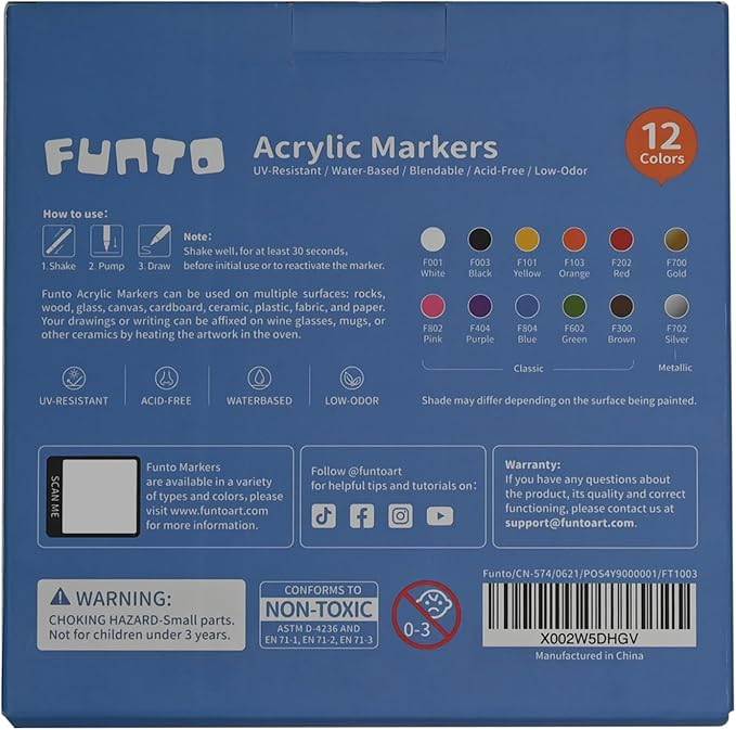 Funto Acrylic Paint Pens for Rock Painting, Fabric, Wood, Canvas, Metal, Ceramic, Glass, 12 Colors Paint Marker Set, Non-Toxic, Quick Drying