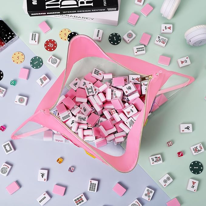 eurovicky Clear Waterproof Mahjong Bag, Empty Mahjong Tile Bag with Zipper Mahjong Case for American Mahjong Set, Case Only (Sweet Pink)