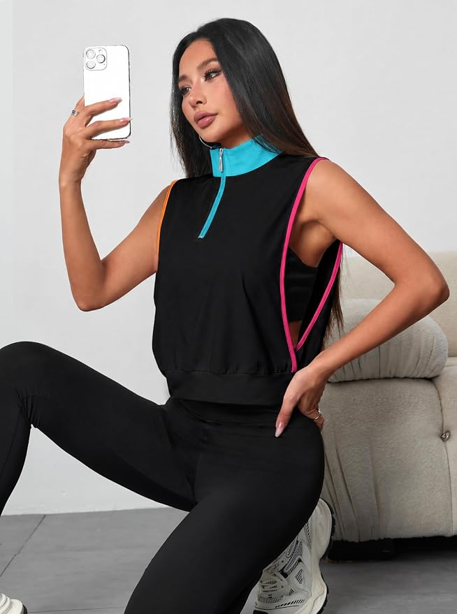 Avanova Women Sleeveless Golf Shirt 1/4 Zip Workout Tank Top | Open Side, Polo Collared, V Neck, Cropped Length, Golf Tops, Athletic, Relaxed Fit, Stretchy, Lightweight