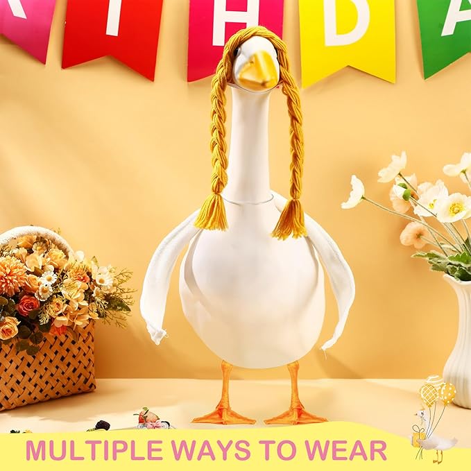 4 Pcs Poseable Goose Wings with Wigs Porch Goose Outfit Accessories Cute Goosey Braid Wigs White Poseable Wings for 23/17'' Outdoor Patio Yard Lawn Art Decoration(Farmhouse)