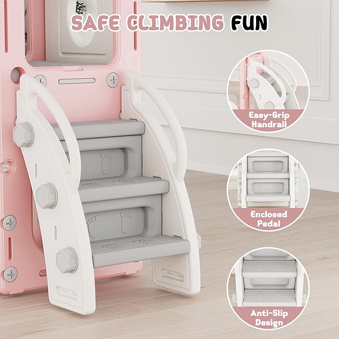 GITAWUSA 8 in 1 Toddler Slide, Outdoor Indoor Playset for Kids Baby Age 1 2 3, Childs Climber Slide with Storage Space and Non-Slip Steps, Basketball Hoopa and Telescope, Pink & White