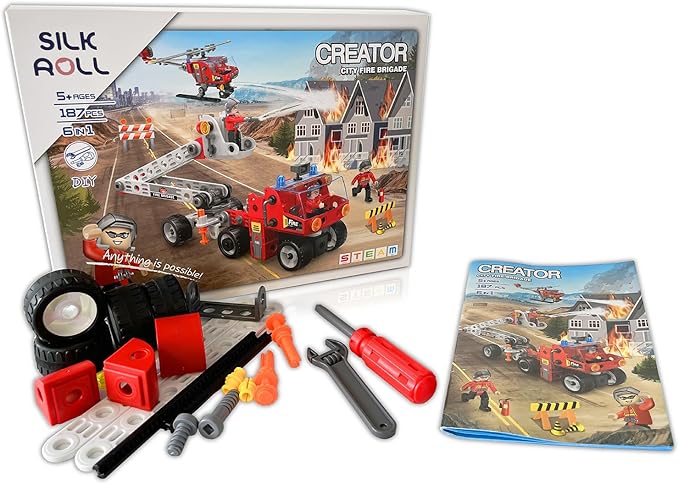 6-in-1 STEM Toys for 4 5 6 7 8+ Year Old Boy 187-Piece Educational Construction Blocks Stem Building Toys for Kids Ages 4-8 8-10 Creative Construction Toys Birthday Valentine Gift for Boy Girl