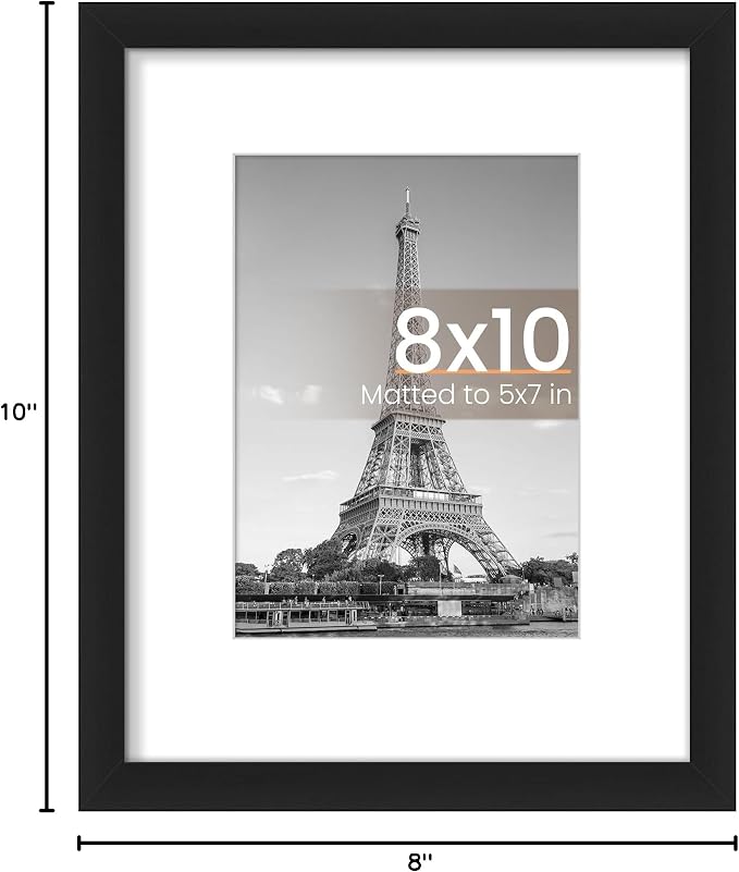 upsimples 8x10 Picture Frame, Display Pictures 5x7 with Mat or 8x10 Without Mat, Wall Hanging Photo Frame, Black, 1 Pack