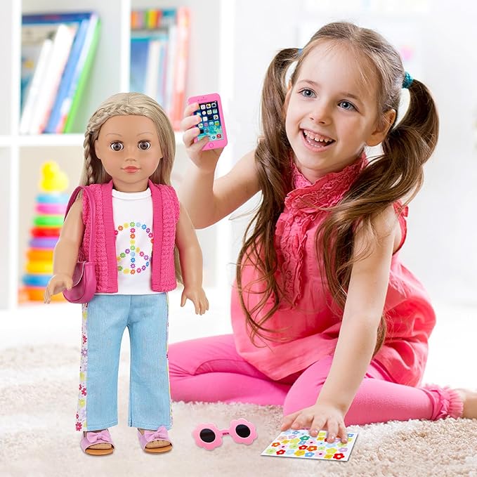 Ecore Fun American 18 Inch Doll Clothes and Accessories, 8 Pcs 18 Inch Doll Girl Clothes Set Include Sweater Vest, White Vest, Jeans, Sandals, Shoulder Bag, Mobile Phone, Sticker, Sunglasses