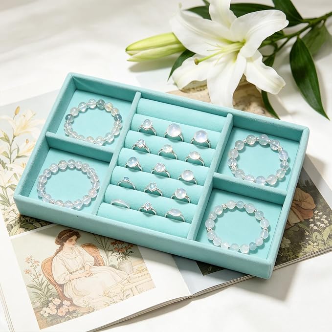 Velvet Jewelry Trays for Drawers, Blue 3-in-1 | Stackable Jewelry Drawer Organizer, Ring Earring Necklace Bracelet Holder Organizer Storage Tray with Removable Dividers